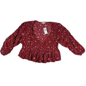 American Eagle XS red floral fairy garden festival Boho peplum top hippie crop